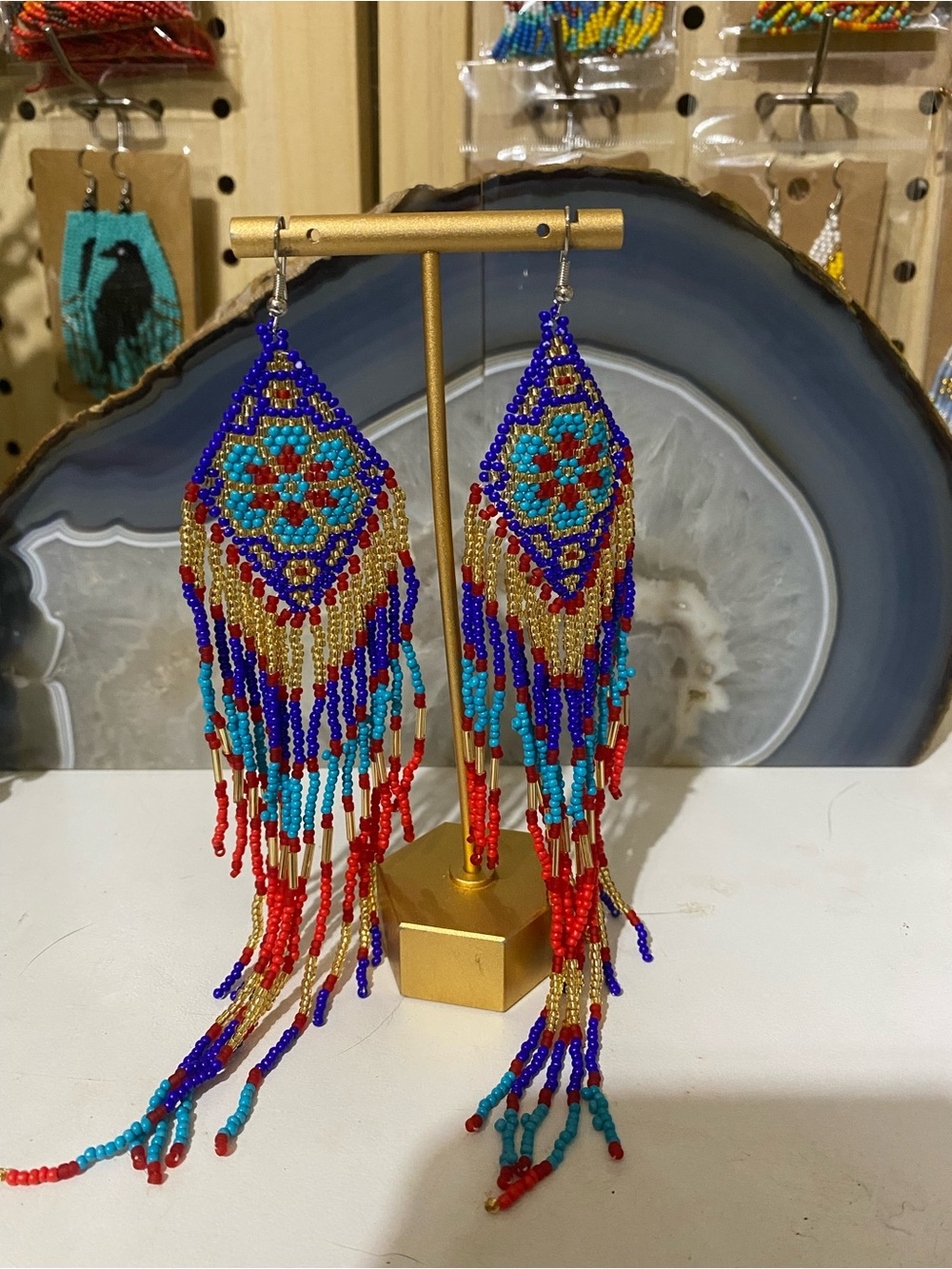 Bohemian Seed Bead Fringe Earrings - Blue Red Turquoise Gold - Unbranded
